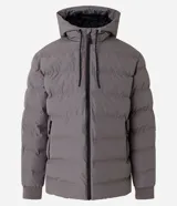 Campera puffer deportiva Get Over, color negro, con capucha, cierre frontal por cremallera y puños elásticos. Diseño acolchado sin costuras visibles.