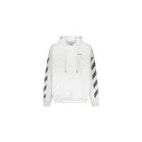 Hoodie Off-White de color blanco, con capucha ajustable mediante cordones, bolsillo tipo canguro y estampado gráfico de rayas diagonales pixeladas en ambas mangas.