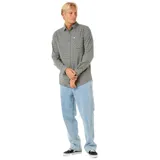 Camisa de manga larga con estampado a cuadros en tonos gris, azul y marrón. Tiene cuello clásico, bolsillo en el pecho y cierre con botones.