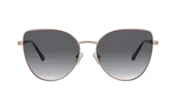 Lentes de sol cat eye con marco de metal color oro rosa y lentes grises degradé.