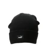 Gorro tipo beanie de punto acanalado color negro, con vuelta en el borde y parche rectangular con el logo de la marca en la parte frontal.