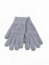 Guantes de punto color gris con puño acanalado y puntas de los dedos en un tono gris más oscuro, diseñados para uso táctil.