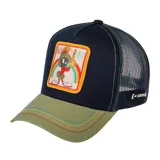 Gorro Capslab unisex con visera curva, paneles frontales azul marino y paneles traseros de rejilla verde. Presenta un parche bordado con la imagen de Marvin el Marciano sobre un arcoíris.