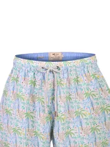 Short de baño RKF modelo Izam de color celeste con estampado tropical de palmeras y vegetación. Cuenta con cintura elástica, cordón ajustable con punteras metálicas y bolsillos laterales.