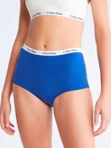 Bombacha de talle alto Calvin Klein Carousel color azul con cintura elástica blanca con logo de la marca.