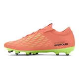 Championes de fútbol Under Armour Magnetico Select 4 FG, color naranja con suela verde lima. Presentan parte superior de piel sintética con estampado 3D para mayor control, cuello textil tipo calcetín y suela de TPU con tacos cónicos para tracción.