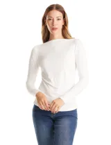 Remera blanca de modal, marca Elie Tahari, con cuello recto, manga larga y frunces en el lateral.