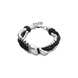 Pulsera de cuero marrón oscuro y cuentas metálicas plateadas, con diseño multicapa y detalles de piezas metálicas con forma orgánica.
