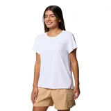 Remera técnica deportiva Columbia de manga corta en color blanco, con cuello redondo y el logo de la marca impreso en el pecho. Cuenta con tecnología Omni-Wick para absorción de humedad, faldón posterior y aberturas laterales en el dobladillo.