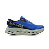 Championes deportivos Skechers Slip-Ins Max Cushioning Glide Step modelo Advert, color azul con suela geométrica gris, detalles en negro y naranja, y el logo de la marca en el lateral.