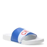 Chanclas de estilo slide con base blanca y banda superior en azul y blanco con el logo del Club Nacional de Football en rojo.
