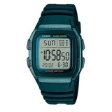 Reloj digital Casio con caja y malla de resina en color negro. Cuenta con pantalla digital gris, luz LED, cronómetro, alarma diaria, hora dual y calendario automático.