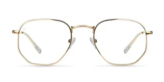 Lentes con filtro de luz azul y protección UV400, con montura geométrica de acero inoxidable color oro y lentes transparentes CR39.
