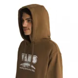 Buzo marrón con capucha y cordones ajustables, con bolsillo tipo canguro y logo de Vans estampado en blanco en el pecho.