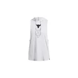 Musculosa con capucha Project Rock gris con diseño sin mangas, bolsillo tipo canguro delantero y estampa vertical con tres cabezas de toro en el pecho.