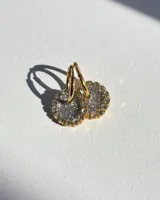 Aros de acero quirúrgico con dije circular de resina rosa y borde de strass dorados.