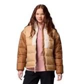Campera puffer Columbia con tecnología termorreflectante Omni-Heat y tejido repelente Omni-Shield. Presenta un diseño de bloques de color en tonos beige y marrón, cuello alto, cierre frontal bidireccional, bolsillos laterales con cierre y puños elásticos.