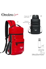 Mochila fucsia con estampado de corazones en relieve, marca Las Oreiro. Tiene dos compartimentos con cierre, correas acolchadas negras y logo de la marca en el frente.