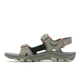 Sandalias de senderismo Merrell modelo Huntington Sport Conv para hombre, color gris con detalles en naranja. Diseño resistente al agua con parte superior sintética, sistema de ajuste con tiras de velcro y suela de goma con tracción.