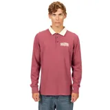 Remera de manga larga estilo polo, color bordó, con cuello en contraste color crema y cierre frontal de tres botones. Presenta un pequeño logo estampado en el pecho.