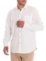 Camisa de manga larga color blanco de la marca RKF, modelo Galiton, confeccionada en algodón orgánico. Cuenta con cuello camisero, cierre frontal con botones de madera, un bolsillo en el pecho y mangas ajustables.