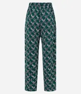 Pantalón largo de crepé con estampado de cadenas en tonos verde, blanco y negro. Tiene cintura elástica con lazo ajustable.