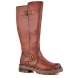 Bota marrón de caña alta con hebillas decorativas y suela track.