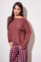 Sweater celeste de tejido de punto calado con lurex, de corte holgado y mangas largas.