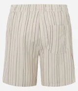 Bermuda masculina de corte recto, color beige con rayas verticales finas en tono marrón. Presenta cintura elástica con cordón ajustable y bolsillos.