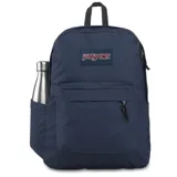 Mochila Jansport modelo Superbreak, color azul marino, con un compartimento principal grande y un bolsillo frontal con cierre. Cuenta con un bolsillo lateral para botella de agua.