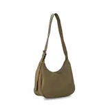 Cartera tipo hobo o media luna de cuero sintético negro, con textura granulada. Posee una correa ajustable para llevar al hombro o cruzada.