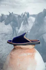 Sandalias de terciopelo azul marino con ribete dorado y plantilla de cuero tostado, de diseño abierto en la punta.