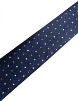 Corbata de seda azul marino con estampado paisley en tonos rosados y blancos.
