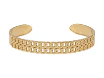 Brazalete rígido abierto de acero inoxidable con baño de oro, diseño de doble hilera de eslabones.