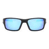 Lentes de sol unisex con marco negro rectangular y lentes espejadas azules polarizadas con filtro UV 400.