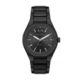Reloj de pulsera Armani Exchange modelo Sync, totalmente en color negro, con caja de 42mm, esfera texturizada con indicador de día y fecha, y malla de eslabones de acero inoxidable.