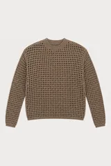Buzo de tejido de punto con diseño de red, cuello redondo y mangas largas, en color beige.