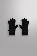Guantes de running negros, ligeros y ajustados, confeccionados en tejido técnico con mezcla de lana. Cuentan con función táctil en los dedos y un enganche lateral de seguridad para unirlos.