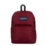 Mochila Jansport modelo Superbreak Plus, color bordó, con compartimento principal amplio, bolsillo frontal con cierre y parche con el logo de la marca.