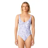 Malla enteriza Rip Curl modelo Party Wave Multi Fit, color celeste con estampado botánico en tonos blancos y celestes, escote redondo y tirantes anchos.
