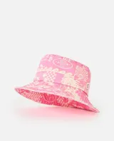Sombrero tipo bucket de Rip Curl, color rosado con estampado tropical y de surf en tono claro.