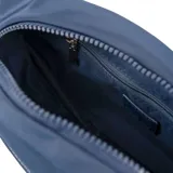 Riñonera azul de poliéster con correa regulable, cierre principal y bolsillo interno con cierre.