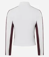 Campera deportiva de corte ajustado, color blanco con paneles laterales y detalles en mangas color bordó. Presenta cierre frontal completo, cuello alto y estampa con lettering 'Oregon' en el pecho.
