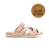 Sandalia de cuero color rosa con detalles dorados, tiras cruzadas con ajuste de velcro y suela blanca.