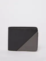 Billetera plegable de cuero sintético con diseño bicolor en negro y gris, con logo de la marca grabado en la parte frontal.