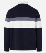 Saco masculino de algodón con diseño de bloques de color en azul marino, gris y blanco. Presenta cuello polo con botones, manga larga y puños ajustados.