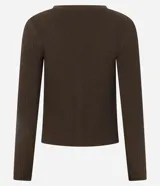 Cardigan de punto chenille color marrón, con escote en V, mangas largas y cierre frontal con botones. Presenta una textura acanalada y un diseño de calce regular.