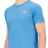 Remera deportiva azul de manga corta, con logo de New Balance estampado en el pecho y tecnología NB ICEx de secado rápido.