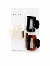 Set de tres pinzas para el cabello de diseño rectangular, en colores negro, carey y traslúcido.