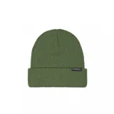 Gorro beanie tejido de punto color verde militar con dobladillo y pequeña etiqueta con el logo de la marca Emerica.